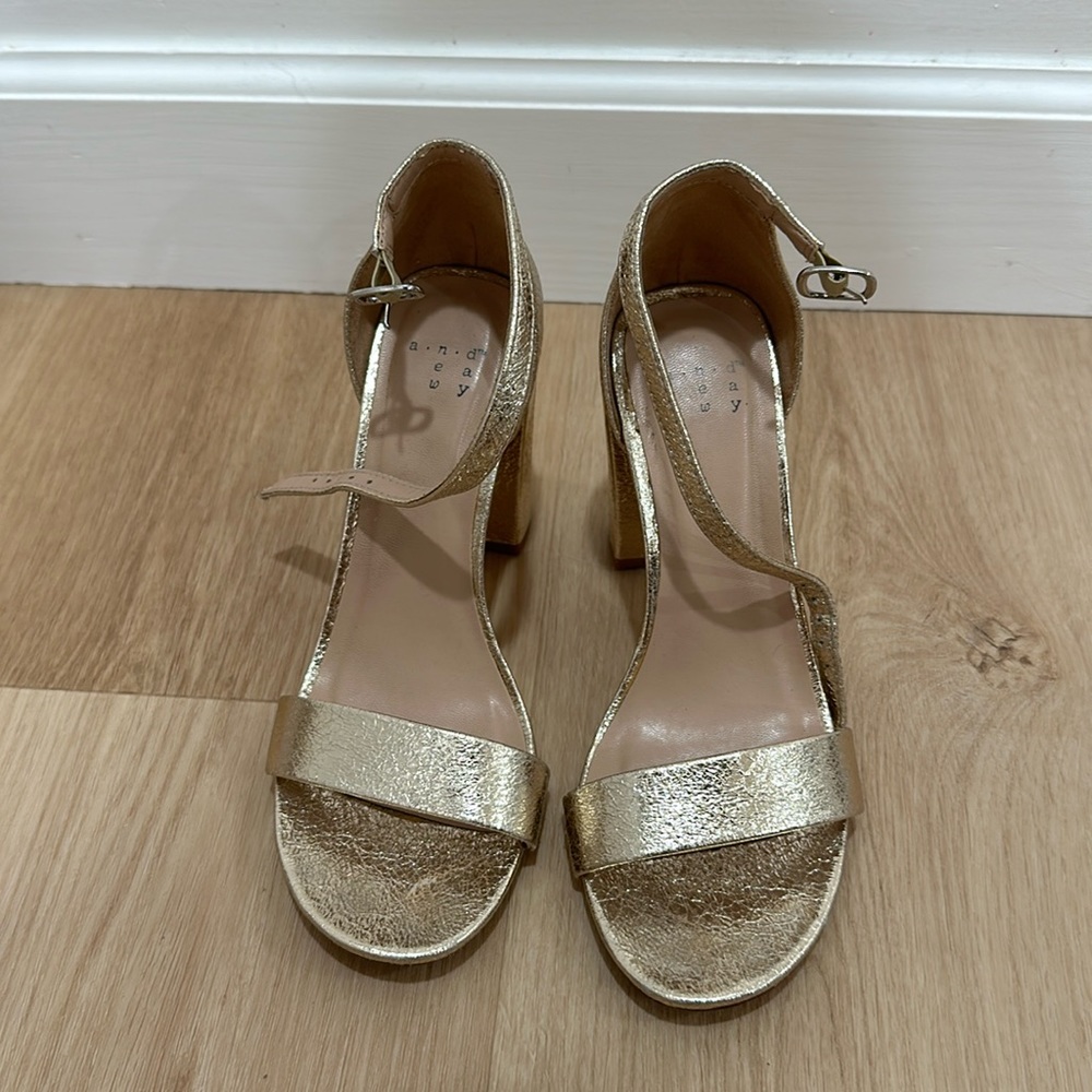 A New Day block ankle strap heels metallic gold W6